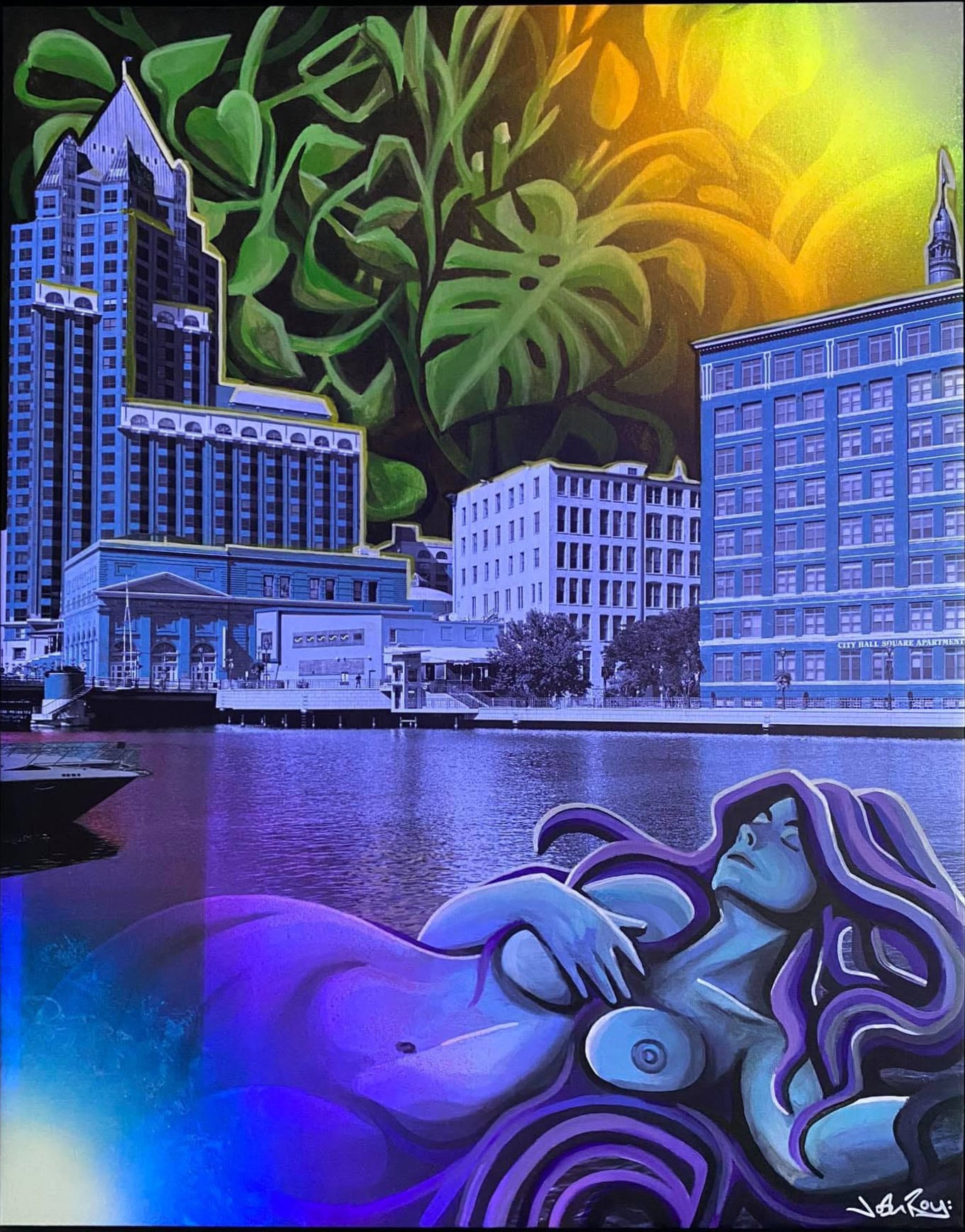 Painting of a woman in the water in front of a city skyline, by Josh Roy