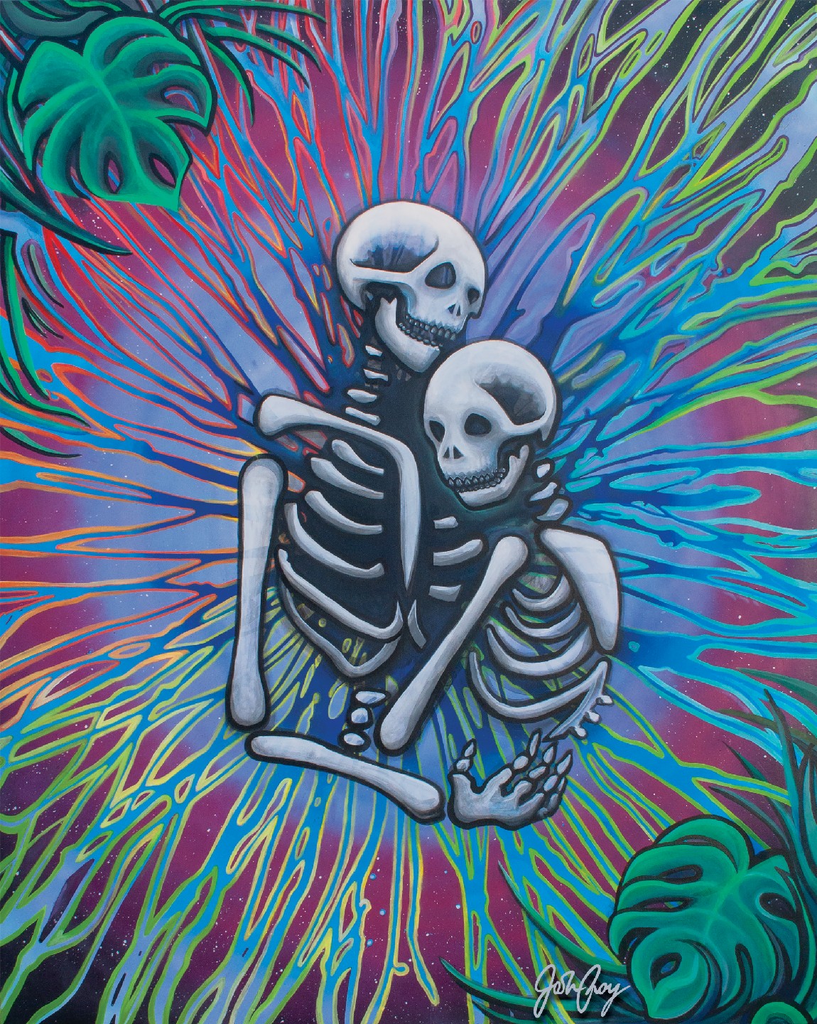 Painting of two skeletons embracing, by Josh Roy